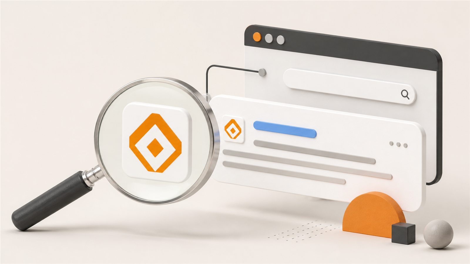 Иллюстрация favicon в поиске: лупа увеличивает иконку сайта рядом с результатом