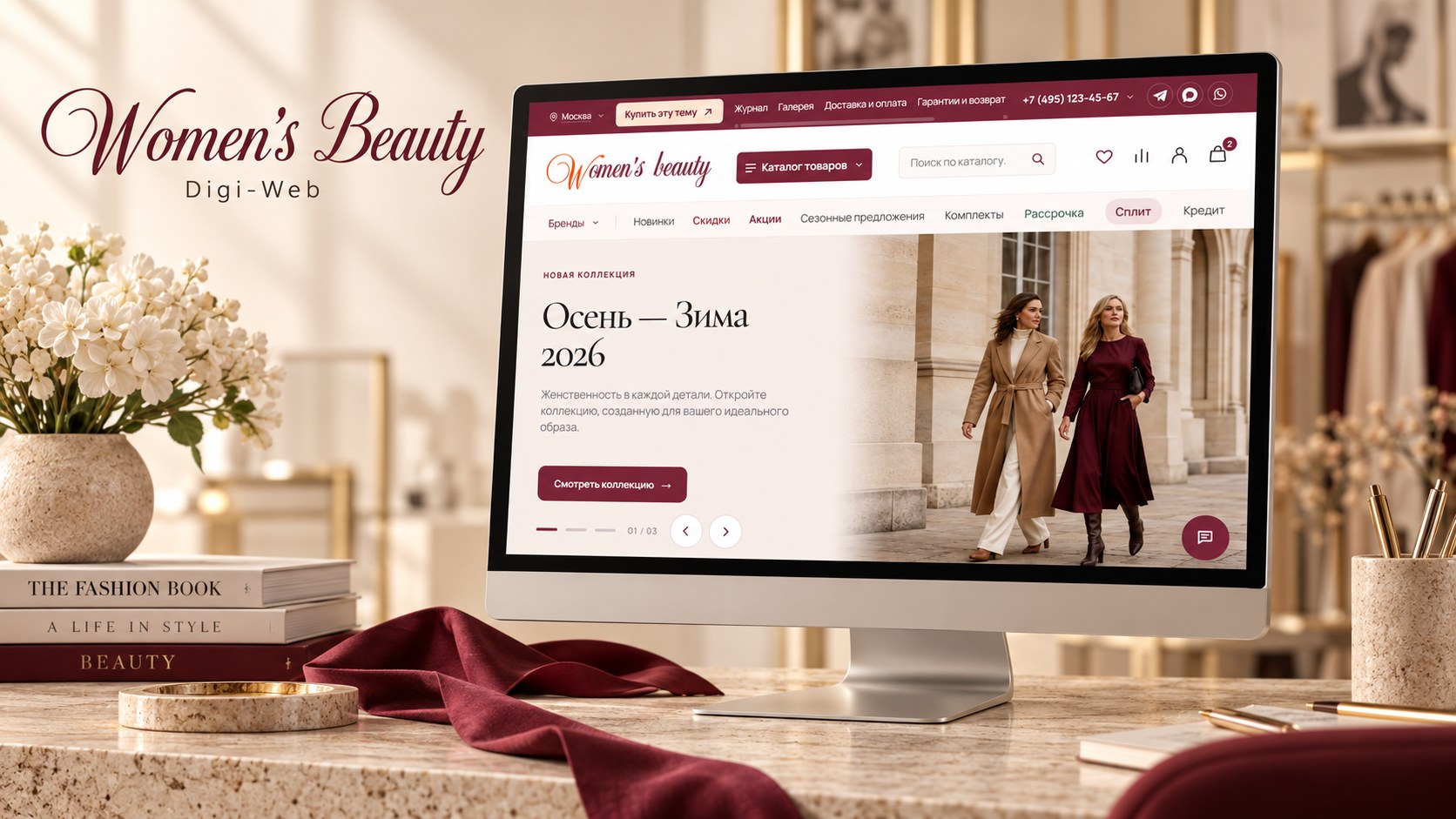 Women’s Beauty от Digi-Web на экране монитора в интерьере дизайн-студии — визуализация темы